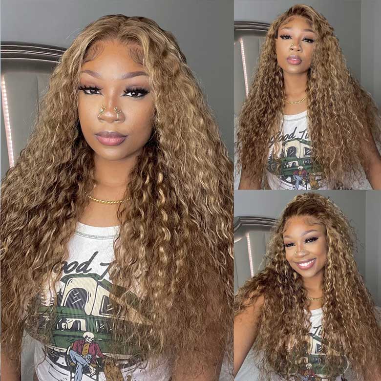 Klaiyi 80% Off Super Sale Honey Blonde Highlight Water Wave Bob Wig 7x5 Bye Bye Knots Put On and Go Wigs Flash Sale