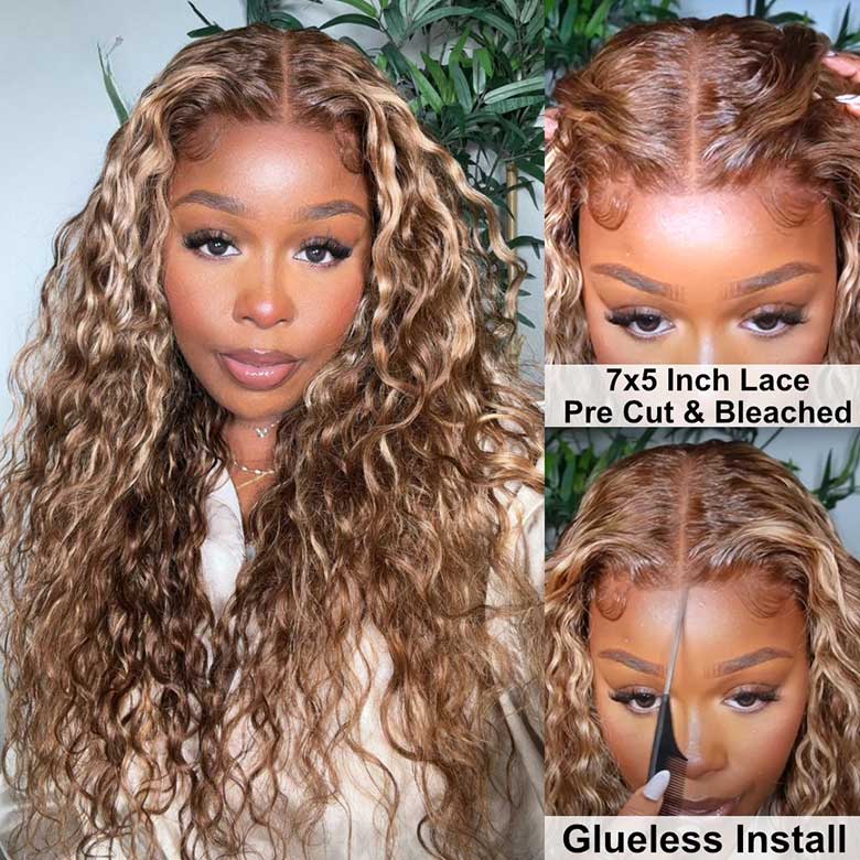 Klaiyi 80% Off Super Sale Honey Blonde Highlight Water Wave Bob Wig 7x5 Bye Bye Knots Put On and Go Wigs Flash Sale