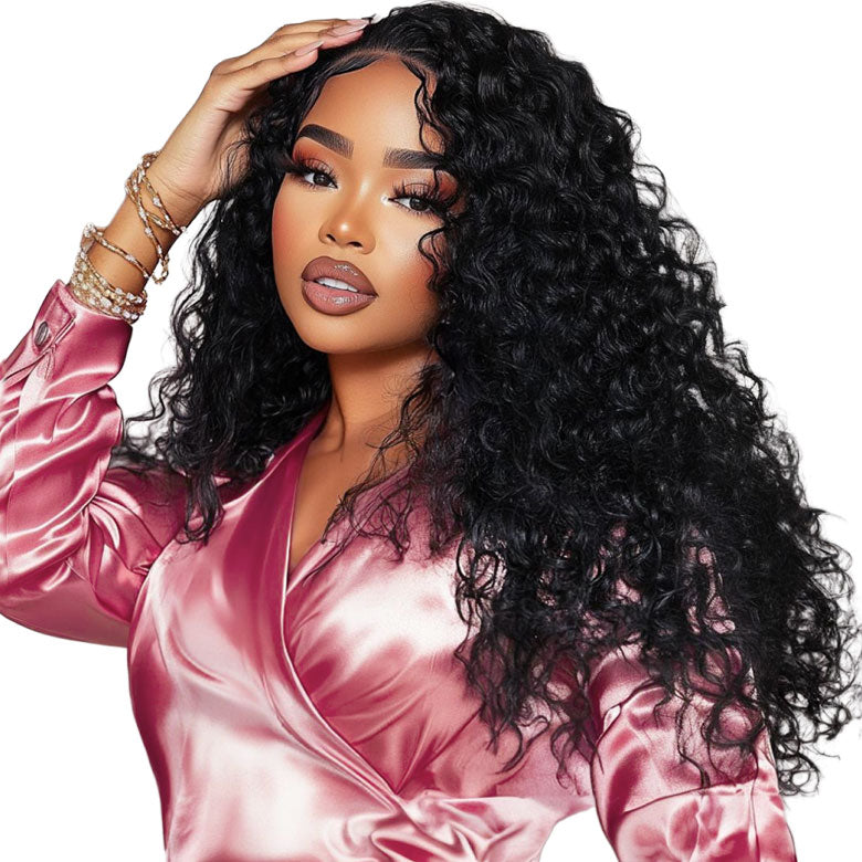 Flash Sale Klaiyi 7x5 Bye Bye Knots Pre-cut Lace Put On and Go Glueless Wig Water Wave Human Hair Wigs