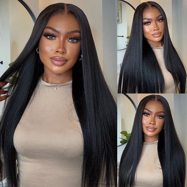 Klaiyi Yaki Straight Put On and Go Glueless Lace Wigs 7x5 Bye Bye Knots Pre-cut Human Hair Lace Wig Kinky Straight