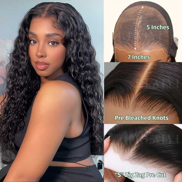 Flash Sale Klaiyi 7x5 Bye Bye Knots Pre-cut Lace Put On and Go Glueless Wig Water Wave Human Hair Wigs