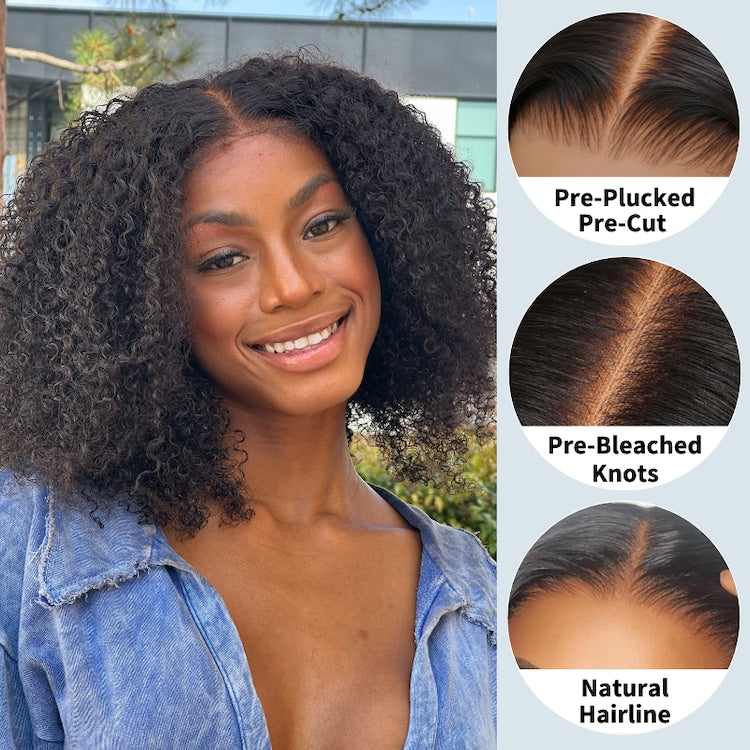 Klaiyi Put On and Go 7x5 Bye Bye Knots Pre-cut Glueless Lace Wig Natural Color Kinky Curly Human Hair