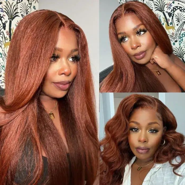 Klaiyi 7x5 Bye Bye Knots Reddish Brown Yaki Straight Wig Put On and Go Glueless Lace Wigs Human Hair