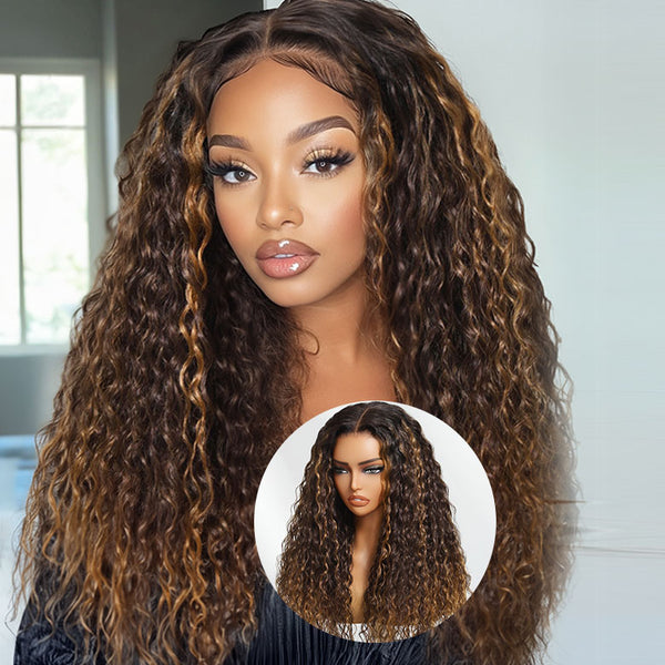 Klaiyi 180% Espresso Brown with Caramel Highlights Water Wave Human Hair Wig 7x5 Bye Bye Knots Wig Put on and go Glueless Wigs Human Hair