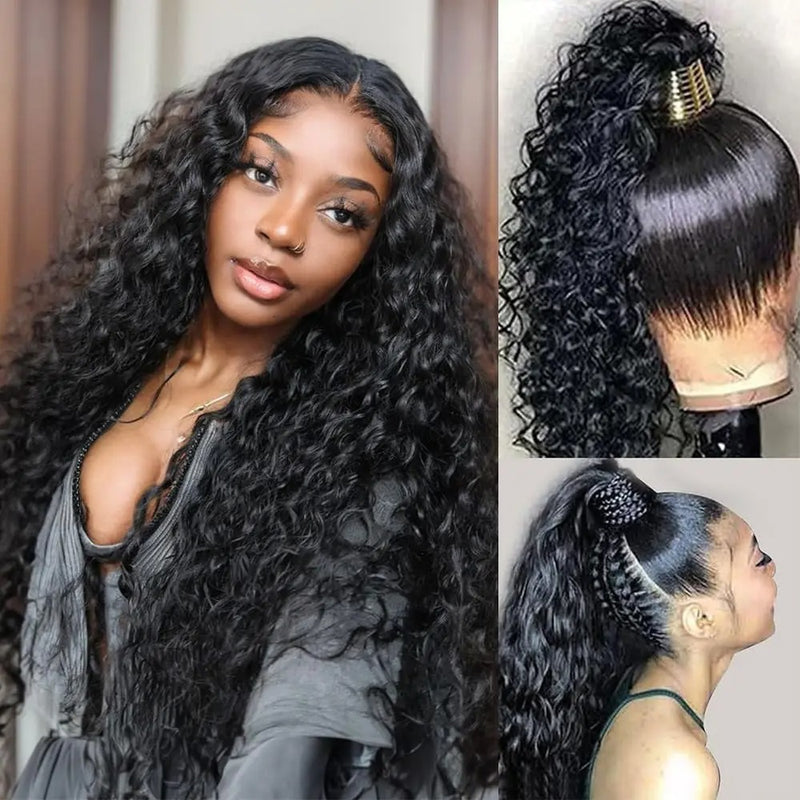 Klaiyi Water Wave 7x5 Bye Bye Knots Wig Put On and Go Glueless Human Hair Wigs Natural Black Color