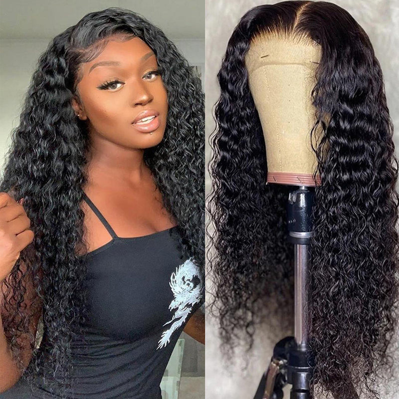 Klaiyi Water Wave 7x5 Bye Bye Knots Wig Put On and Go Glueless Human Hair Wigs Natural Black Color