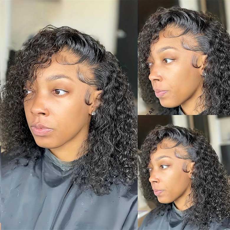 Klaiyi Side Deep Part Short Bob Curly Wig 7X5 Bye Bye Knots Lace Closure Wigs Human Hair Wigs For Woman