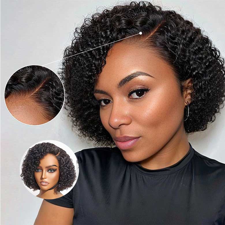 Klaiyi Side Deep Part Short Bob Curly Wig 7X5 Bye Bye Knots Lace Closure Wigs Human Hair Wigs For Woman