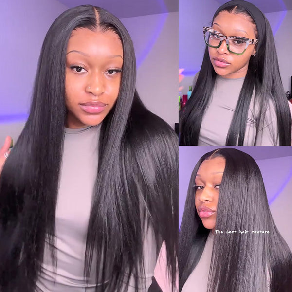 Klaiyi Yaki Straight Put On and Go Glueless Lace Wigs 7x5 Bye Bye Knots Pre-cut Human Hair Lace Wig Kinky Straight