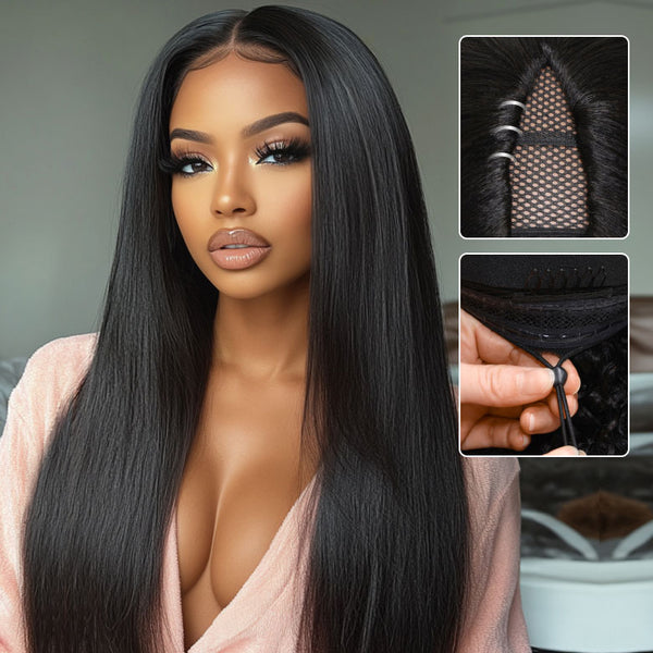 Klaiyi New EasiContour™ Yaki Straight V Part Wig Meets Real Scalp Ready To Wear Glueless Wig with  Invisi Drawstring