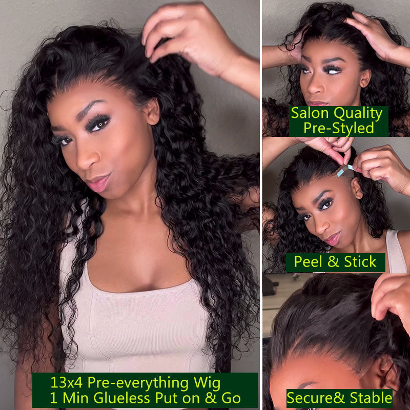 Klaiyi 13x4 Water Wave Pre-Everything™ Lace Frontal Wig Put On and Go Byebye Glue Lace Front Wigs with Invisible Knots