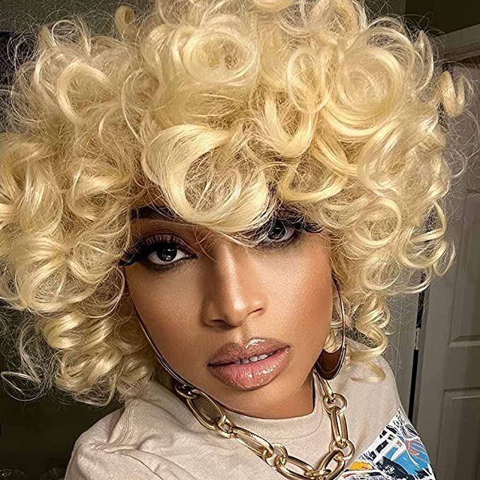 Klaiyi 613 Blonde Bouncy Curly Bob Wig With Bang Bob Wig Flash Sale