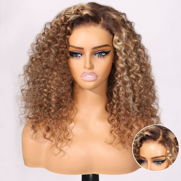 Klaiyi Ombre Blonde Highlight Curly Wig Big Curl 7x5 Bye Bye Knots Put On and Go Glueless Wig Flash Sale