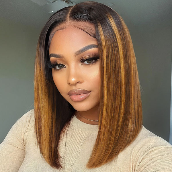 Klaiyi Honey Brown Piano Highlight Bob Wig with Dark Roots 7x5 Bye-Bye Knots Wig Flash Sale