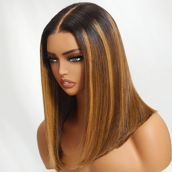 Klaiyi Honey Brown Piano Highlight Bob Wig with Dark Roots 7x5 Bye-Bye Knots Wig Flash Sale