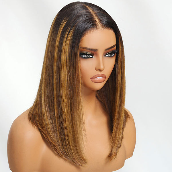 Klaiyi Honey Brown Piano Highlight Bob Wig with Dark Roots 7x5 Bye-Bye Knots Wig Flash Sale