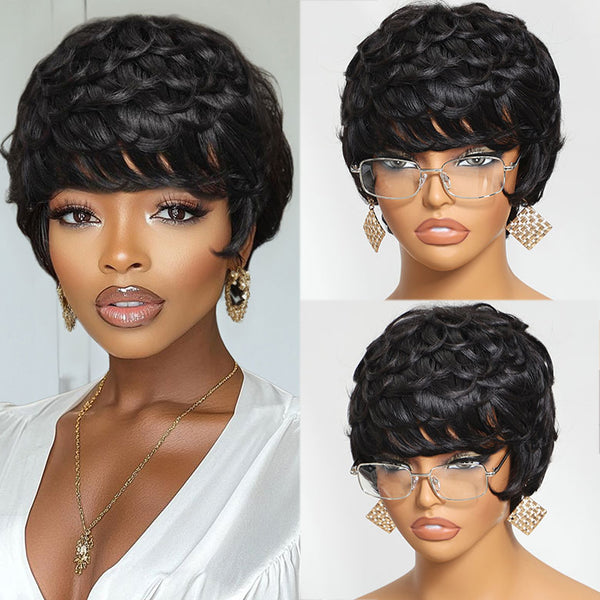 Klaiyi Short Bob Wig with Bangs Pixie Cut Human Hair Wig Natural Black Glueless Human Hair Wig Flash Sale