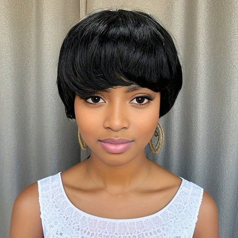 Klaiyi Short Bob Wigs with Bang Pixie Cut Human Hair Wig Machine Made Natural Black Color Glueless Human Hair Wig Flash Sale