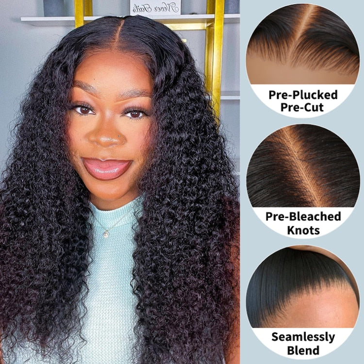 Klaiyi No Glue Pre-cut Pre-plucked Put On and Go Larger Lace Size Jerry Curly Lace Closure Wig Flash Sale