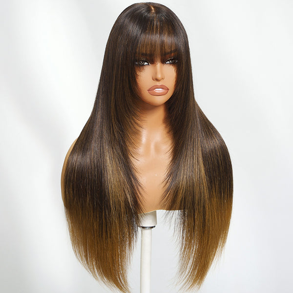 Klaiyi 7x5 Brown to Blonde Ombre Straight Wig with Bangs Face-Framing Layered Cut Human Hair Wigs Insivi Knots