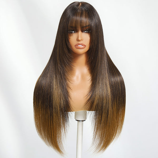 Klaiyi 7x5 Brown to Blonde Ombre Straight Wig with Bangs Face-Framing Layered Cut Human Hair Wigs Insivi Knots