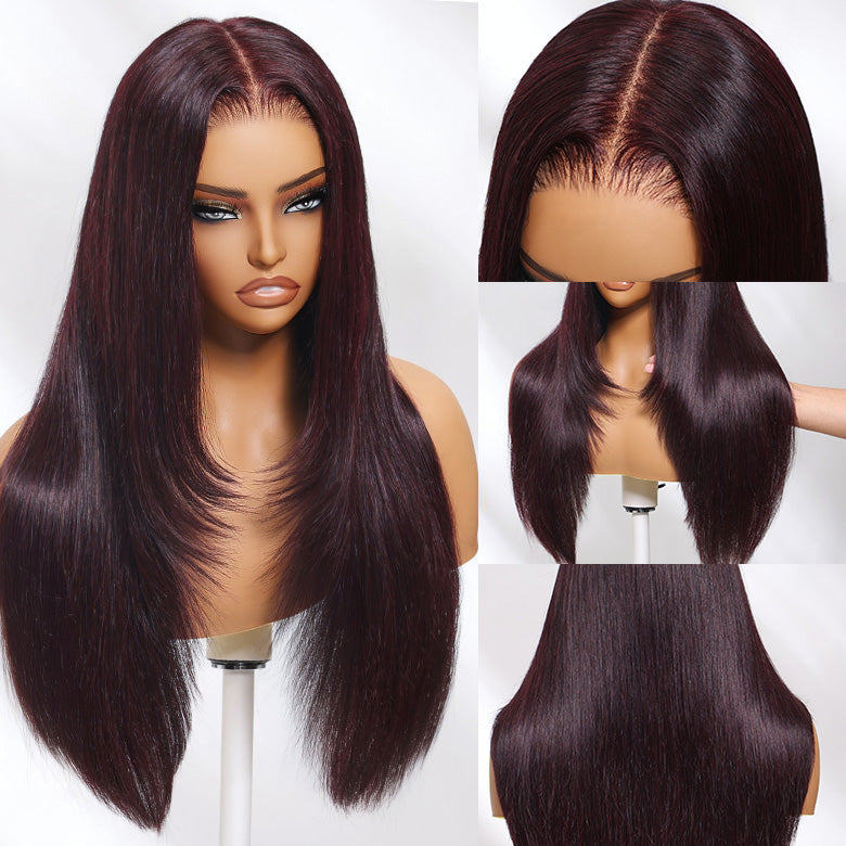 Klaiyi 7x5 Bye Bye Knots Black Cherry Color Layered Cut Straight Lace Frontal Wig 13x4 Pre-Everything Wig Flash Sale