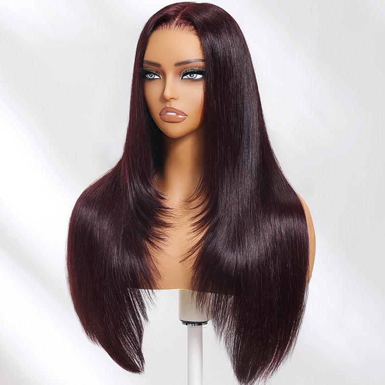 Klaiyi Black Cherry Layered Cut Straight 13x4 Pre-Everything Lace Frontal Wig Put on and Go Wig