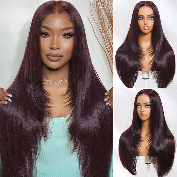 Klaiyi 7x5 Bye Bye Knots Black Cherry Color Layered Cut Straight Lace Frontal Wig 13x4 Pre-Everything Wig Flash Sale