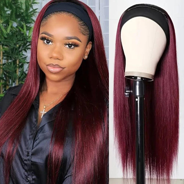 20''-22'' Wig|Klaiyi Dark Burgundy 99J Color Straight Headband Wigs Black Root Glueless Human Hair Wig Flash Sale