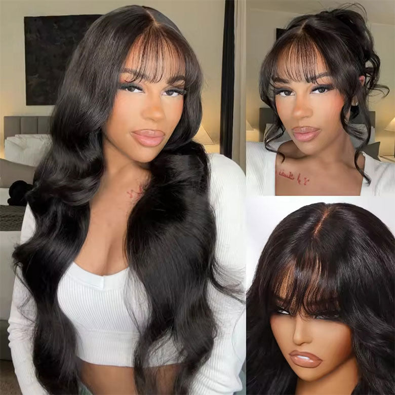 Klaiyi 13x4 3D Fluffy Body Wave Lace Frontal Wig with Curtain Bangs & Layers Pre everything Put on and Go Human Hair Wigs