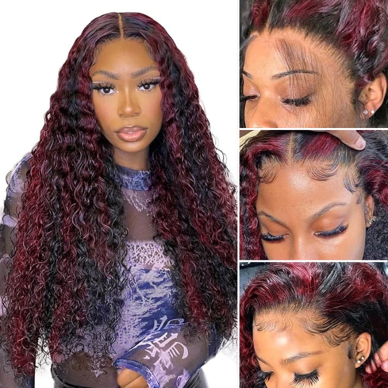 Klaiyi Dark Burgundy With Rose Red Highlights Curly 180% Lace Front Wig Ombre Human Hair Flash Sale