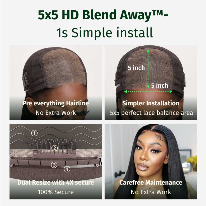 Klaiyi Yaki Straight Skin Melt 5x5 HD Blend Away™ Lace Wigs 180% Glueless Human Hair Wigs