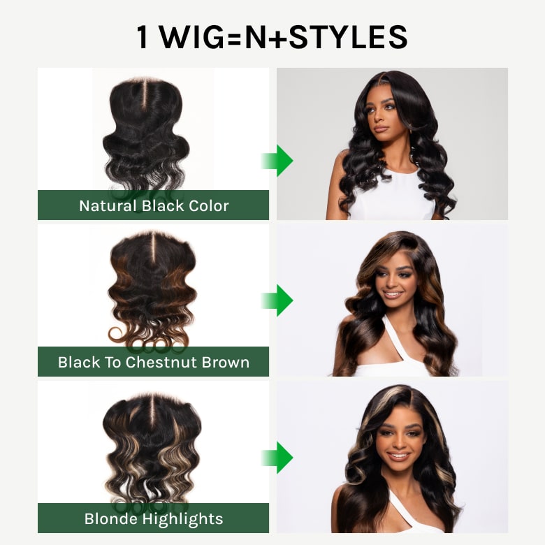 Klaiyi Magic Lace Wig Natural Black Body Wave Wig With 7x5 Replaceable Lace Closure