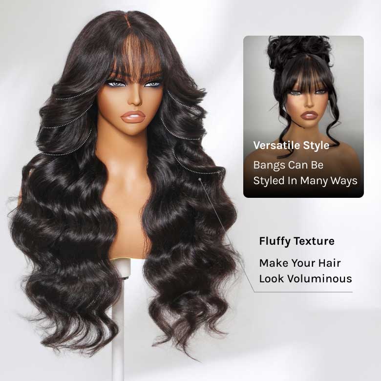 Klaiyi 13x4 3D Fluffy Body Wave Lace Frontal Wig with Bangs & Layers Pre everything Put on and Go Human Hair Wigs