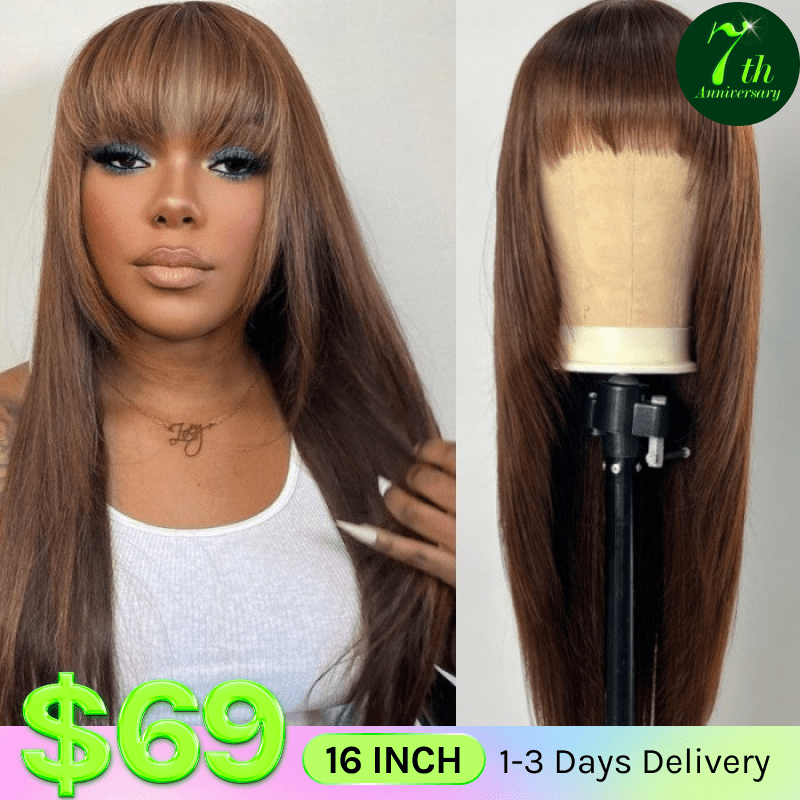 Klaiyi Mocha Brown Bone Straight Wig With Bang Machine Made Human Hair Flash Sale