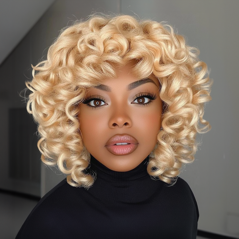 Klaiyi 613 Blonde Bouncy Curly Bob Wig With Bang Bob Wig Flash Sale