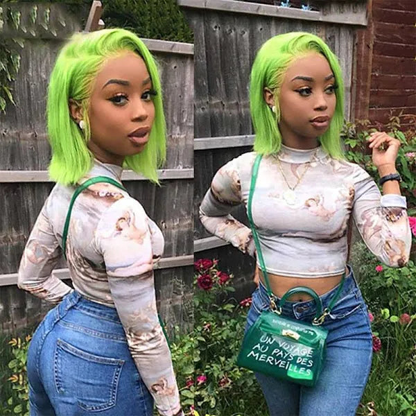 6500 points | Klaiyi Short Green 180% Density 13x4 Lace Front Bob Wig