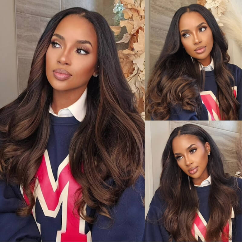 Extra 50% Off Code HALF50 |Klaiyi Ombre Chestnut Brown Yaki Straight EasiContour V Part Wigs Human Hair No Glue Protective Style Wig