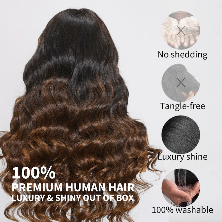 Klaiyi Bye Bye Knots Wig 7x5 Glueless Lace Black to Chestnut Brown Ombre Loose Wave Wig With Bleached Knots Flash Sale