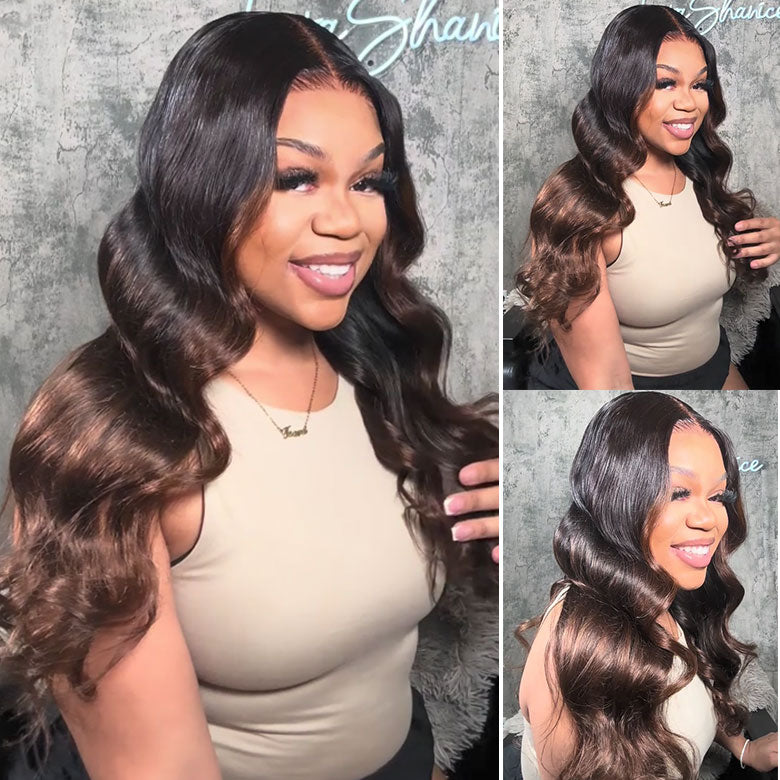 Klaiyi Bye Bye Knots Wig 7x5 Glueless Lace Black to Chestnut Brown Ombre Loose Wave Wig With Bleached Knots