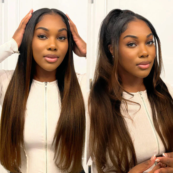 $100 OFF | Code:SAVE100 Klaiyi Ombre Chestnut Brown Color Yaki Straight EasiContour V Part Wigs Human Hair Clip in No Sew in No Glue Wig