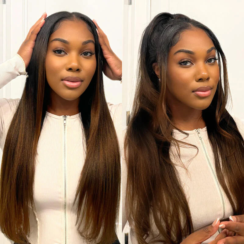 Klaiyi Yaki Straight EasiContour V Part Wigs Human Hair Ombre Chestnut Brown Color Clip in No Sew in No Glue Upgrade U Part Human Hair Wig