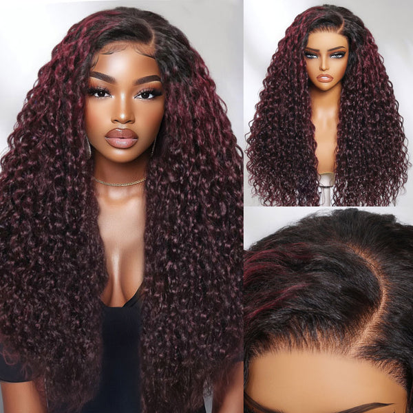 Klaiyi Dark Plum Color 13x4 Water Wave Pre-Everything™ Lace Frontal Wig with Dark Roots Glueless Wig