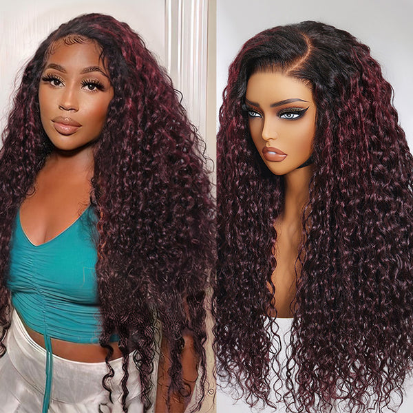 Klaiyi Dark Plum Color 13x4 Water Wave Pre-Everything™ Lace Frontal Wig with Dark Roots Glueless Wig