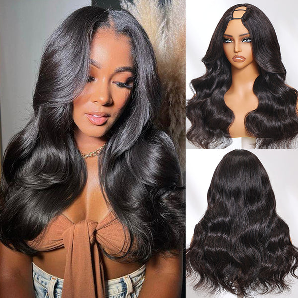 Klaiyi Body Wave Easicontour V Part Glueless Wig with invisi Drawstring Human Hair Meets Real Scalp Beginner Friendly