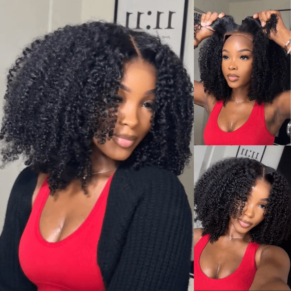 Klaiyi Put On and Go 7x5 Bye Bye Knots Pre-cut Glueless Lace Wig Natural Color Kinky Curly Human Hair