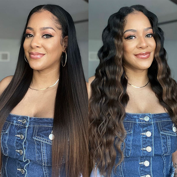 $100 OFF | Code:SAVE100 Klaiyi Ombre Chestnut Brown Color Yaki Straight EasiContour V Part Wigs Human Hair Clip in No Sew in No Glue Wig