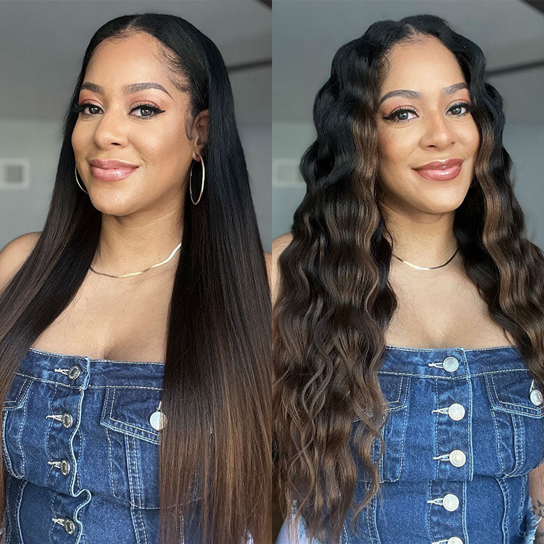 Extra 50% Off Code HALF50 |Klaiyi Ombre Chestnut Brown Yaki Straight EasiContour V Part Wigs Human Hair No Glue Protective Style Wig