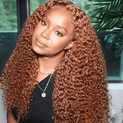 Extra 50% Off Code HALF50  |Klaiyi Medium Auburn Brown Colored Jerry Curly Lace Front Wigs Virgin Human Hair Ginger Color Wigs