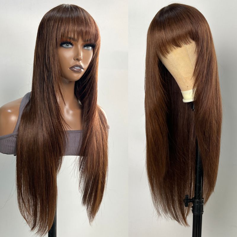 Klaiyi Mocha Brown Bone Straight Wig With Bang Machine Made Human Hair Flash Sale